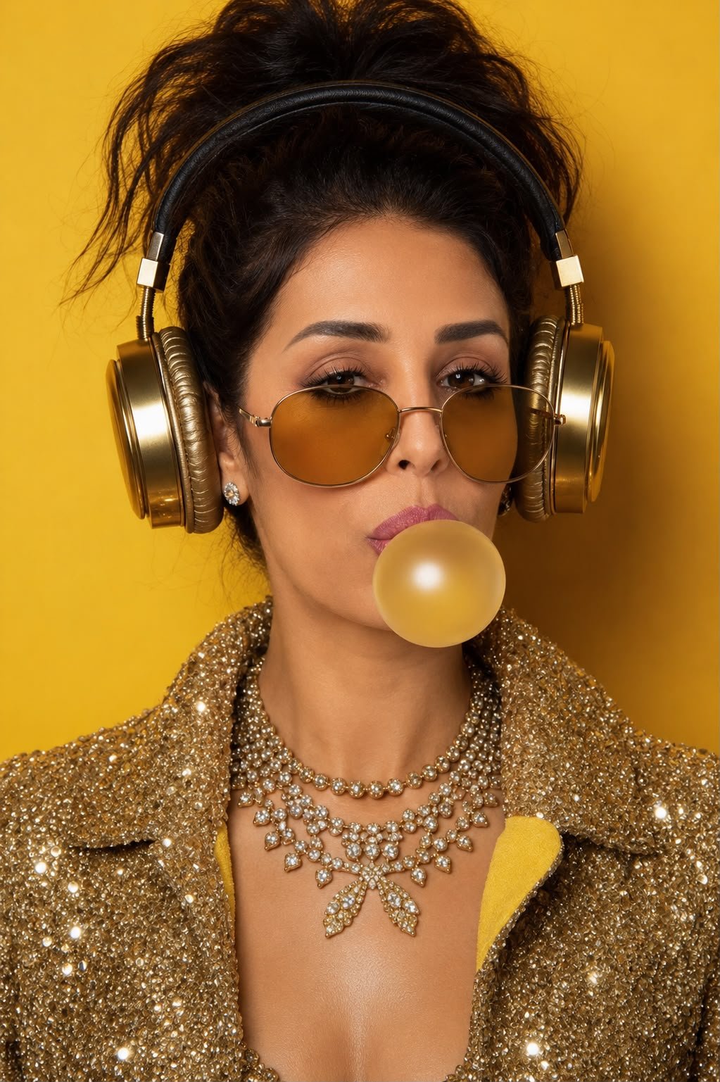 Victory in a gold outfit and headphones
